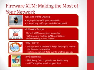 Fireware XTM: Making the Most of
Your Network
        QoS and Traffic Shaping
        • High-priority traffic gets bandwidth
        • Low-priority traffic gets available bandwidth

        Multi-WAN Support
        • Up to 4 WAN connections supported
        • Traffic can use multiple WAN connections
          simultaneously or on a failover

        VPN Failover
        • Mission-critical VPN traffic keeps flowing if a remote
          site becomes unavailable
        • Traffic automatically fails-over to another gateway

        IPv6 Readiness
        • IPv6 Ready Gold Logo validates IPv6 routing
        • All XTM appliances will support IPv6
 