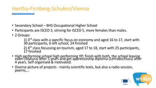 Hertha-Firnberg-Schulen/Vienna
www.firnbergschulen.at/
• Secondary School – BHS Occupational Higher School
• Participants are ISCED 3, striving for ISCED 5, more females than males.
• 2 Groups:
1) 3rd
class with a specific focus on economy and aged 16 to 17, start with
30 participants, 6 left school, 24 finished
2) 4th
class focussing on tourism, aged 17 to 18, start with 25 participants,
17 finished
• High performing school high performing YP: finish with both, the school leaving
exam (Matura) after 5 years and get appreticeship diploma (Lehrabschluss) after
4 years. Self organised & motivated.
• Diverse picture of projects - mainly scientific texts, but also a radio session,
poems,…
 