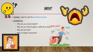 WHY
USAGE: used to ask for a reason/cause.
EXAMPLES:
• Why do you study English?
• Why do you think English is difficult to learn?
• Why are you late?
• Why is English important?
 