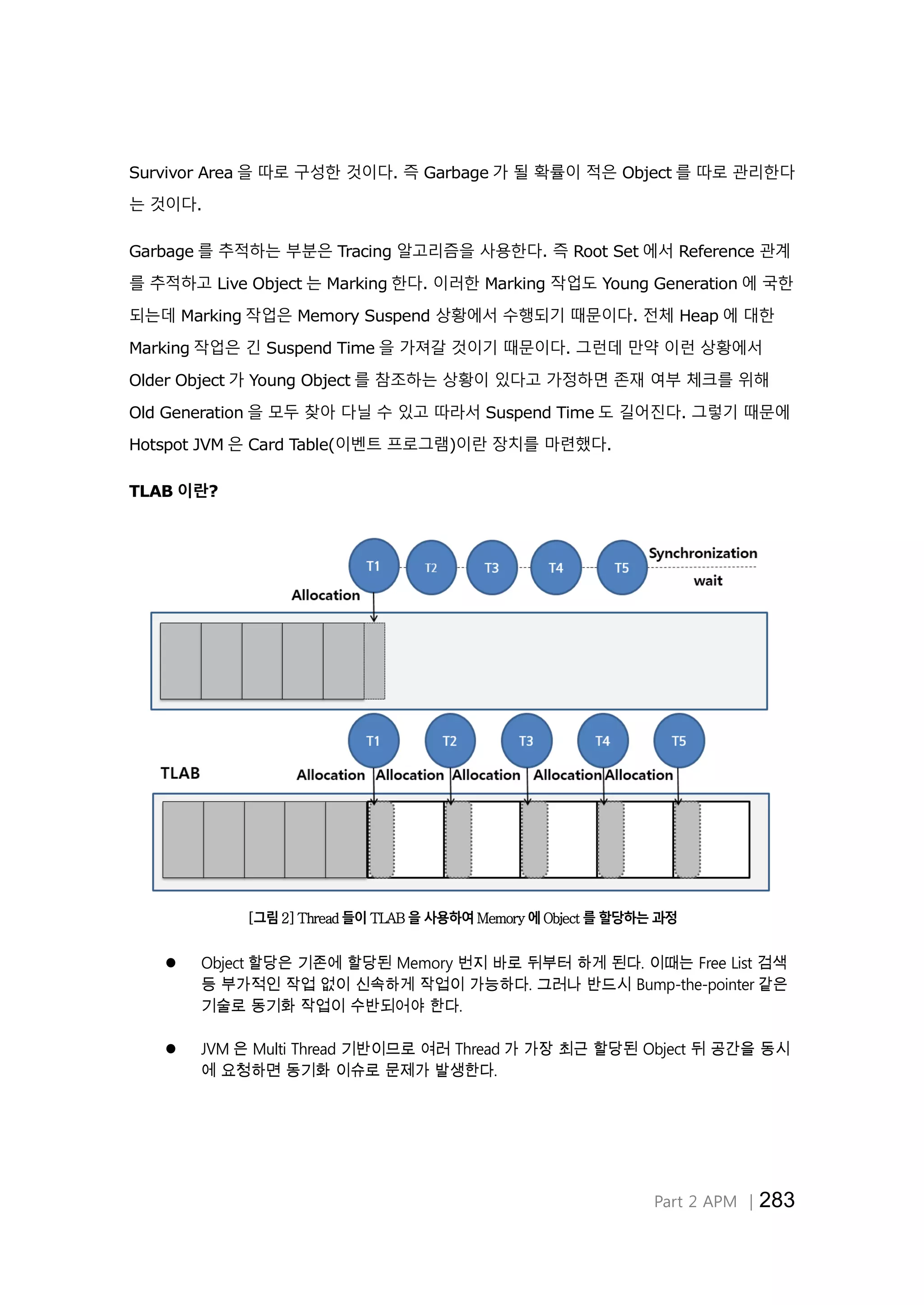 Part 2 APM │283
Survivor Area 을 따로 구성한 것이다. 즉 Garbage 가 될 확률이 적은 Object 를 따로 관리한다
는 것이다.
Garbage 를 추적하는 부분은 Tracing 알고리즘을 사용한다. 즉 Root Set 에서 Reference 관계
를 추적하고 Live Object 는 Marking 한다. 이러한 Marking 작업도 Young Generation 에 국한
되는데 Marking 작업은 Memory Suspend 상황에서 수행되기 때문이다. 전체 Heap 에 대한
Marking 작업은 긴 Suspend Time 을 가져갈 것이기 때문이다. 그런데 만약 이런 상황에서
Older Object 가 Young Object 를 참조하는 상황이 있다고 가정하면 존재 여부 체크를 위해
Old Generation 을 모두 찾아 다닐 수 있고 따라서 Suspend Time 도 길어진다. 그렇기 때문에
Hotspot JVM 은 Card Table(이벤트 프로그램)이란 장치를 마련했다.
TLAB 이란?
[그림2] Thread 들이 TLAB 을 사용하여 Memory 에 Object 를 할당하는 과정
 Object 할당은 기존에 할당된 Memory 번지 바로 뒤부터 하게 된다. 이때는 Free List 검색
등 부가적인 작업 없이 신속하게 작업이 가능하다. 그러나 반드시 Bump-the-pointer 같은
기술로 동기화 작업이 수반되어야 한다.
 JVM 은 Multi Thread 기반이므로 여러 Thread 가 가장 최근 할당된 Object 뒤 공간을 동시
에 요청하면 동기화 이슈로 문제가 발생한다.
 