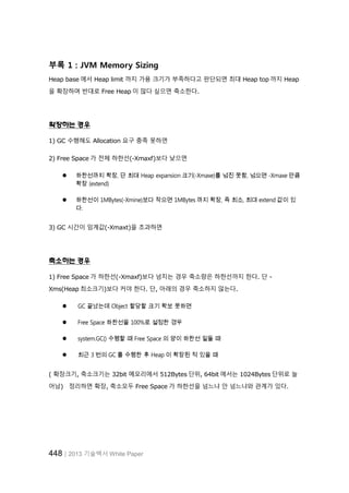 448│2013 기술백서 White Paper
부록 1 : JVM Memory Sizing
Heap base 에서 Heap limit 까지 가용 크기가 부족하다고 판단되면 최대 Heap top 까지 Heap
을 확장하며 반대로 Free Heap 이 많다 싶으면 축소한다.
확장하는 경우
1) GC 수행해도 Allocation 요구 충족 못하면
2) Free Space 가 전체 하한선(-Xmaxf)보다 낮으면
 하한선까지 확장, 단 최대 Heap expansion 크기(-Xmaxe)를 넘진 못함, 넘으면 -Xmaxe 만큼
확장 (extend)
 하한선이 1MBytes(-Xmine)보다 작으면 1MBytes 까지 확장, 즉 최소, 최대 extend 값이 있
다.
3) GC 시간이 임계값(-Xmaxt)을 초과하면
축소하는 경우
1) Free Space 가 하한선(-Xmaxf)보다 넘치는 경우 축소량은 하한선까지 한다. 단 -
Xms(Heap 최소크기)보다 커야 한다. 단, 아래의 경우 축소하지 않는다.
 GC 끝났는데 Object 할당할 크기 확보 못하면
 Free Space 하한선을 100%로 설정한 경우
 system.GC() 수행할 때 Free Space 의 양이 하한선 밑돌 때
 최근 3 번의 GC 를 수행한 후 Heap 이 확장된 적 있을 때
( 확장크기, 축소크기는 32bit 메모리에서 512Bytes 단위, 64bit 에서는 1024Bytes 단위로 늘
어남) 정리하면 확장, 축소모두 Free Space 가 하한선을 넘느냐 안 넘느냐와 관계가 있다.
 