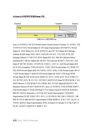 430│2013 기술백서 White Paper
1.2 Java 1.5 버전부터 변경된 Heap 구조
[그림2] Java 1.5 버전 이상의 Heap
Java 1.5 버전에서는 위와 같이 Pinned Cluster Area(K Cluster, P Cluster )가 사라졌다. 이렇
게 바뀌게 된 이유는 Pinned Object 로 인한 Heap Fragmentation 문제 때문이다. Pinned
Object 란 고정된 Object 라는 것으로 원칙적으로 Java 에서 모든 Object 들은 Garbage
Collector 를 통해 Heap 내에서 이동이 가능하도록 되어 있다. 그러나 일부 특수한 경우
Garbage Collector 가 이동시키지 못하는 Object 들이 있다. 예들 들어 JNI(Java Native
Interface)에서 사용하는 Object 들은 JNI 에서 직접 Unpinned 될 때까지 고정이 된다. 또한
Class 에 대한 메타 정보들도 고정 영역으로 지정된다. 그러다 보니 실제 Pinned Object 들은
GC 에 의한 Compaction 작업이 불가능하다. 이러한 이유로 Pinned cluster 라는 영역을 두어
해당 영역에 Pinned Object 들을 따로 저장하는 것이다. 문제는 이러한 Pinned cluster 영역 보
다 많은 Pinned Object 가 발생하게 되면 Pinned Object 를 저장하기 위해 Heap 영역에
Pinned Object 를 위한 공간을 임의로 할당한다는 것이다. 이러한 공간은 임시로 존재할 수도
있고 영구적인 공간이 될 수도 있다. 이런 현상이 발생하게 되면 Heap 에 한번에 할당할 수 있는
일련의 Memory 가 점점 줄어들게 되어 나중에는 별로 크지 않는 Object 를 할당하려고 해도
Allocation failure(이하 AF)가 발생하게 된다. Java 1.5 버전에서는 이러한 문제점을 해결하기
위해 Pinned Object 의 저장을 JVM Heap 이 아닌 System Heap 에 저장하도록 변경하였다.
IBM 에서 제공하는 Diagnostic 1.4 문서를 보면 "Avoid Fragmentation" 파트를 통해
fragmentation 에 대한 부분을 다루고 있으나, 1.5 문서에서는 해당 내용이 삭제되었다. 이를
통해 암시적으로 IBM JVM 에서 Fragmentation 문제를 해결했다는 걸 알 수 있다. 참고로 1.4
버전에서 발생하는 Heap Fragmentation 문제는 K Cluster 와 P Cluster 의 크기를 적절히 조
정(-Xk, -Xp 옵션 사용)함으로서 해결할 수 있다.
 