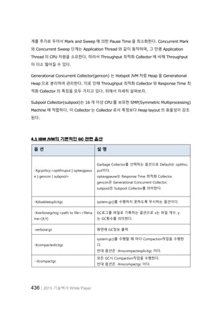 436│2013 기술백서 White Paper
계를 추가로 두어서 Mark and Sweep 에 의한 Pause Time 을 최소화한다. Concurrent Mark
와 Concurrent Sweep 단계는 Application Thread 와 같이 동작하며, 그 만큼 Application
Thread 의 CPU 자원을 소모한다. 따라서 Throughput 최적화 Collector 에 비해 Throughput
이 다소 떨어질 수 있다.
Generational Concurrent Collector(gencon) 는 Hotspot JVM 처럼 Heap 을 Generational
Heap 으로 분리하여 관리한다. 이로 인해 Throughput 최적화 Collector 와 Response Time 최
적화 Collector 의 특징을 모두 가지고 있다. 뒤에서 자세히 살펴보자.
Subpool Collector(subpool)는 16 개 이상 CPU 를 보유한 SMP(Symmetric Multiprocessing)
Machine 에 적합하다. 이 Collector 는 Collector 로서 특정보다 Heap layout 의 효율성이 강조
된다.
4.1 IBM JVM의 기본적인 GC 관련 옵션
옵 션 설 명
-Xgcpolicy:<optthruput | optavgpaus
e | gencon | subpool>
Garbage Collector를 선택하는 옵션으로 Default는 optthru
put이다.
optavgpause는 Response Time 최적화 Collector,
gencon은 Generational Concurrent Collector,
subpool은 Subpool Collector를 의미한다.
-Xdisableexplicitgc system.gc()를 수행하지 못하도록 무시하는 옵션이다.
-Xverbosegclog:<path to file><filena
me>[X,Y]
GC로그를 파일로 기록하는 옵션으로 x는 파일 개수, y
는 GC횟수를 의미한다.
-verbose:gc 화면에 GC정보 출력
-Xcompactexlicitgc
system.gc()를 수행할 때 마다 Compaction작업을 수행한
다.
반대 옵션은 -Xnocompactexplicitgc 이다.
--Xcompactgc
모든 GC시 Compaction작업을 수행한다.
반대 옵션은 -Xnocompactgc 이다.
 