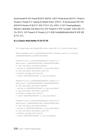 376│2013 기술백서 White Paper
Synchronized 에 의한 Thread 블로킹이 발생하는 도중의 Thread dump 결과이다. Thread-1,
Thread-2, Thread-3 이 "waiting for Monitor Entry" 상태이다. 즉 Synchronized 문에 의해
블로킹되어 Monitor 에 들어가기 위해 기다리고 있는 상태다, 이 경우 Thread.getState()
Method 는 BLOCKED 값을 Return 하는 반면 Thread-0 는 현재 "runnable" 상태로 일을 하고
있는 중이다. 또한 Thread-0 과 Thread1,2,3 이 동일한 0x0000002af44195c8 에 대해 경합
을 하고 있다.
8.1.2 Case2: Wait/Nofity 에 의한 동기화
Full Thread dump Java HotSpot(TM) 64-Bit Server VM (1.5.0_04-b05 mixed mode):
"DestroyJavaVM" prio=1 tid=0x0000000040115580 nid=0x1c6c waiting on condition
[0x0000000000000000..0x0000007fbfffd380]
"Thread-3" prio=1 tid=0x0000002afedb7020 nid=0x1c7b in
Object.wait() [0x00000000410c9000..0x00000000410c9db0]
at java.lang.Object.wait(Native Method)
- waiting on <0x0000002af4442a98> (a java.lang.Object)
at java.lang.Object.wait(Object.java:474)
at Thread1.run(dump_test2.java:23)
- Locked <0x0000002af4442a98> (a java.lang.Object)
"Thread-2" prio=1 tid=0x0000002afedb5830 nid=0x1c7a in
Object.wait() [0x0000000040fc8000..0x0000000040fc8e30]
at java.lang.Object.wait(Native Method)
- waiting on <0x0000002af4442a98> (a java.lang.Object)
at java.lang.Object.wait(Object.java:474)
at Thread1.run(dump_test2.java:23)
- Locked <0x0000002af4442a98> (a java.lang.Object)
"Thread-1" prio=1 tid=0x0000002afeda6d10 nid=0x1c79 in
Object.wait() [0x0000000040ec7000..0x0000000040ec7eb0]
at java.lang.Object.wait(Native Method)
- waiting on <0x0000002af4442a98> (a java.lang.Object)
at java.lang.Object.wait(Object.java:474)
at Thread1.run(dump_test2.java:23)
- Locked <0x0000002af4442a98> (a java.lang.Object)
 