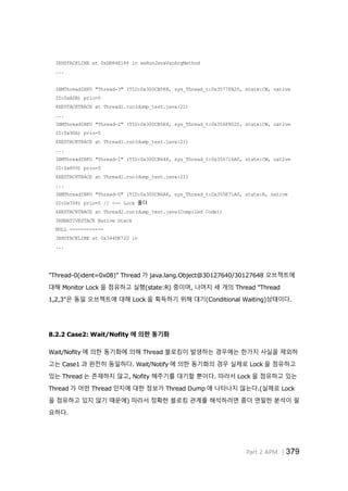 Part 2 APM │379
3XHSTACKLINE at 0xDB84E184 in xeRunJavaVarArgMethod
...
3XMThreadINFO "Thread-3" (TID:0x300CB588, sys_Thread_t:0x3577FA20, state:CW, native
ID:0xA0B) prio=5
4XESTACKTRACE at Thread1.run(dump_test.java:21)
...
3XMThreadINFO "Thread-2" (TID:0x300CB5E8, sys_Thread_t:0x356F8020, state:CW, native
ID:0x90A) prio=5
4XESTACKTRACE at Thread1.run(dump_test.java:21)
...
3XMThreadINFO "Thread-1" (TID:0x300CB648, sys_Thread_t:0x356716A0, state:CW, native
ID:0x809) prio=5
4XESTACKTRACE at Thread1.run(dump_test.java:21)
...
3XMThreadINFO "Thread-0" (TID:0x300CB6A8, sys_Thread_t:0x355E71A0, state:R, native
ID:0x708) prio=5 // <-- Lock 홀더
4XESTACKTRACE at Thread2.run(dump_test.java(Compiled Code))
3XHNATIVESTACK Native Stack
NULL ------------
3XHSTACKLINE at 0x344DE720 in
...
"Thread-0(ident=0x08)" Thread 가 java.lang.Object@30127640/30127648 오브젝트에
대해 Monitor Lock 을 점유하고 실행(state:R) 중이며, 나머지 세 개의 Thread "Thread
1,2,3"은 동일 오브젝트에 대해 Lock 을 획득하기 위해 대기(Conditional Waiting)상태이다.
8.2.2 Case2: Wait/Nofity 에 의한 동기화
Wait/Nofity 에 의한 동기화에 의해 Thread 블로킹이 발생하는 경우에는 한가지 사실을 제외하
고는 Case1 과 완전히 동일하다. Wait/Notify 에 의한 동기화의 경우 실제로 Lock 을 점유하고
있는 Thread 는 존재하지 않고, Nofity 해주기를 대기할 뿐이다. 따라서 Lock 을 점유하고 있는
Thread 가 어떤 Thread 인지에 대한 정보가 Thread Dump 에 나타나지 않는다.(실제로 Lock
을 점유하고 있지 않기 때문에) 따라서 정확한 블로킹 관계를 해석하려면 좀더 면밀한 분석이 필
요하다.
 