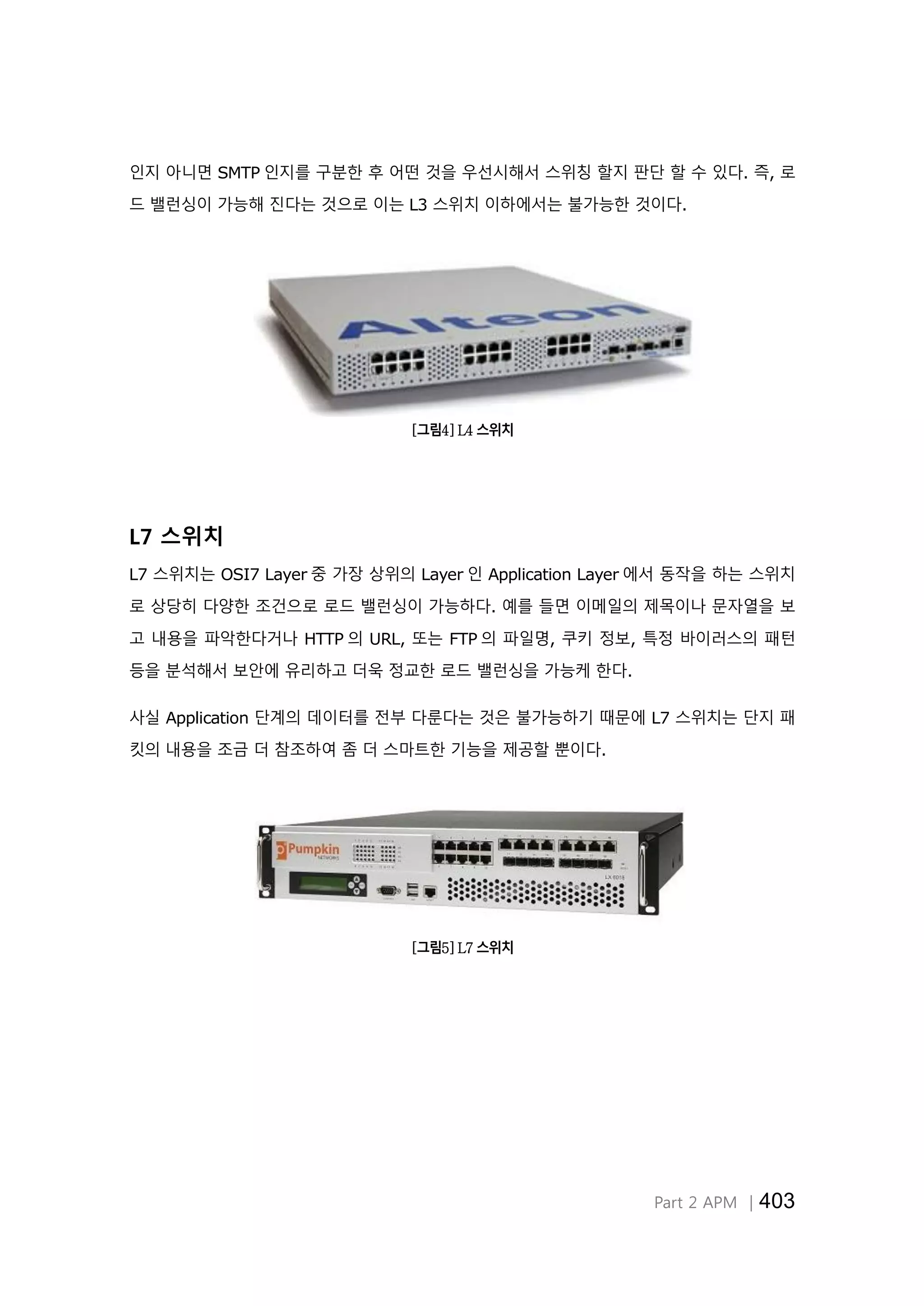 Part 2 APM │403
인지 아니면 SMTP 인지를 구분한 후 어떤 것을 우선시해서 스위칭 할지 판단 할 수 있다. 즉, 로
드 밸런싱이 가능해 진다는 것으로 이는 L3 스위치 이하에서는 불가능한 것이다.
[그림4] L4 스위치
L7 스위치
L7 스위치는 OSI7 Layer 중 가장 상위의 Layer 인 Application Layer 에서 동작을 하는 스위치
로 상당히 다양한 조건으로 로드 밸런싱이 가능하다. 예를 들면 이메일의 제목이나 문자열을 보
고 내용을 파악한다거나 HTTP 의 URL, 또는 FTP 의 파일명, 쿠키 정보, 특정 바이러스의 패턴
등을 분석해서 보안에 유리하고 더욱 정교한 로드 밸런싱을 가능케 한다.
사실 Application 단계의 데이터를 전부 다룬다는 것은 불가능하기 때문에 L7 스위치는 단지 패
킷의 내용을 조금 더 참조하여 좀 더 스마트한 기능을 제공할 뿐이다.
[그림5] L7 스위치
 