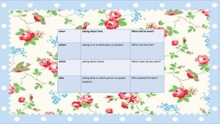 when
when asking about time When did he leave?
where asking in or at what place or position Where do they live?
which asking about choice Which color do you want?
who asking what or which person or people
(subject)
Who opened the door?
 