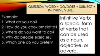 Example:
1. What do you do?
2. How do you cook omelette?
3. Where do you want to go?
4. Why do people exercise?
5. Which one do you prefer?
QUESTION WORD + DO/DOES + SUBJECT +
INFINITIVE VERB…
Infinitive Verb:
a special form
of verbs that
can be used
as a noun,
adjective, or
adverb.
 