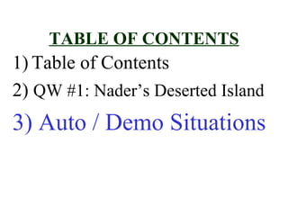 TABLE OF CONTENTS
1) Table of Contents
2) QW #1: Nader’s Deserted Island
3) Auto / Demo Situations
 
