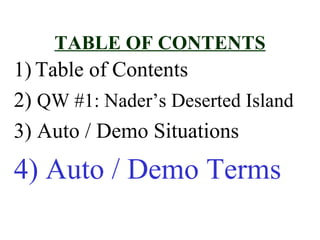 TABLE OF CONTENTS
1) Table of Contents
2) QW #1: Nader’s Deserted Island
3) Auto / Demo Situations
4) Auto / Demo Terms
 