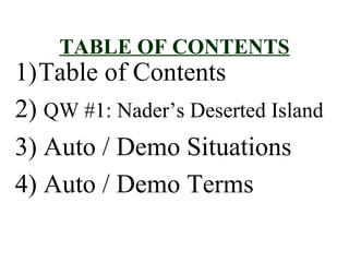 TABLE OF CONTENTS
1)Table of Contents
2) QW #1: Nader’s Deserted Island
3) Auto / Demo Situations
4) Auto / Demo Terms
 