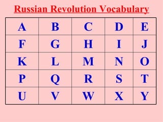 Russian Revolution Vocabulary
A      B      C      D     E
F      G      H      I     J
K      L      M      N     O
P      Q      R      S     T
U      V      W      X     Y
 