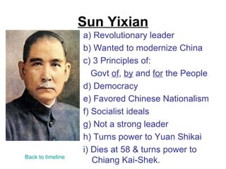 Sun Yixian
                   a) Revolutionary leader
                   b) Wanted to modernize China
                   c) 3 Principles of:
                      Govt of, by and for the People
                   d) Democracy
                   e) Favored Chinese Nationalism
                   f) Socialist ideals
                   g) Not a strong leader
                   h) Turns power to Yuan Shikai
                   i) Dies at 58 & turns power to
Back to timeline
                      Chiang Kai-Shek.
 