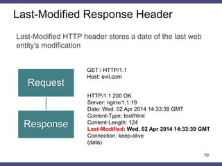 Last-Modified Response Header
10
Last-Modified HTTP header stores a date of the last web
entity’s modification
HTTP/1.1 200 OK
Server: nginx/1.1.19
Date: Wed, 02 Apr 2014 14:33:39 GMT
Content-Type: text/html
Content-Length: 124
Last-Modified: Wed, 02 Apr 2014 14:33:39 GMT
Connection: keep-alive
(data)
Request
Response
GET / HTTP/1.1
Host: evil.com
 