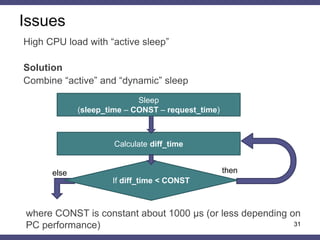 31
High CPU load with “active sleep”
Solution
Combine “active” and “dynamic” sleep
Calculate diff_time
If diff_time < CONST
thenelse
Sleep
(sleep_time – CONST – request_time)
where CONST is constant about 1000 µs (or less depending on
PC performance)
Issues
 