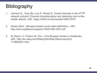 Bibliography
49
1. Johnson D., Yuan Bo; Lutz P., Brown E. Covert channels in the HTTP
network protocol: Channel characterization and detecting man-in-the-
middle attacks. URL: https://ritdml.rit.edu/handle/1850/14797
2. Kenton Born. «Browser-based covert data exfiltration». URL:
http://arxiv.org/ftp/arxiv/papers/1004/1004.4357.pdf
3. W. Alcorn, C. Frichot, M. Orru. «The Browser Hacker’s Handbook».
URL: http://eu.wiley.com/WileyCDA/WileyTitle/productCd-
1118662091.html
 