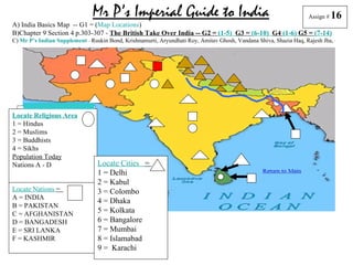 Mr P’s Imperial Guide to India                                                       Assign #   16
A) India Basics Map -- G1 = (Map Locations)
B)Chapter 9 Section 4 p.303-307 - The British Take Over India -- G2 = (1-5) G3 = (6-10) G4 (1-6) G5 = (7-14)
C) Mr P’s Indian Supplement – Ruskin Bond, Krishnamurti, Aryundhati Roy, Amitav Ghosh, Vandana Shiva, Shazia Haq, Rajesh Jha, etc.




Locate Religious Area
1 = Hindus
2 = Muslims
3 = Buddhists
4 = Sikhs
Population Today
Nations A - D                    Locate Cities =
                                 1 = Delhi
                                 2 = Kabul
Locate Nations =                 3 = Colombo
A = INDIA
                                 4 = Dhaka
B = PAKISTAN
C = AFGHANISTAN                  5 = Kolkata
D = BANGADESH                    6 = Bangalore
E = SRI LANKA                    7 = Mumbai
F = KASHMIR                      8 = Islamabad
                                 9 = Karachi
 