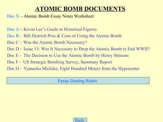 ATOMIC BOMB DOCUMENTS
Doc X – Atomic Bomb Essay Notes Worksheet

Doc A – Kevin Lee’s Guide to Historical Figures
Doc B - Bill Dietrich Pros & Cons of Using the Atomic Bomb
Doc C – Was the Atomic Bomb Necessary?
Doc D – Issue 13: Was It Necessary to Drop the Atomic Bomb to End WWII?
Doc E - The Decision to Use the Atomic Bomb by Henry Stimson
Doc F - US Strategic Bombing Survey, Summary Report
Doc G – Yamaoka Michiko, Eight Hundred Meters from the Hypocenter

                         Essay Grading Rubric




                                 Back
 