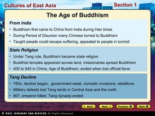 Cultures of East Asia

Section 1

The Age of Buddhism
From India
• Buddhism first came to China from India during Han times
• During Period of Disunion many Chinese turned to Buddhism
• Taught people could escape suffering, appealed to people in turmoil

State Religion
• Under Tang rule, Buddhism became state religion
• Buddhist temples appeared across land, missionaries spread Buddhism
• 400 to 845 in China, Age of Buddhism; ended when lost official favor

Tang Decline
• 750s, decline began, government weak, nomadic invasions, rebellions
• Military defeats lost Tang lands in Central Asia and the north
• 907, emperor killed, Tang dynasty ended

 
