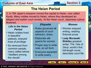 Cultures of East Asia

Section 3

The Heian Period
3. In 794 Japan’s emperor moved the capital to Heian, now called
Kyoto. Many nobles moved to Heian, where they developed an
elegant and stylish court society. At the Heian court, Japanese culture
flowered.
Etiquette
Women
Life in the Heian
• Rules governed all
• Women enjoyed
Period
aspects of court
writing, reading
• Heian nobles lived
behavior, dress
fictional prose
in beautiful
• Elaborate silk
• Lady Murasaki
palaces, enjoyed
gowns for women
Shikibu greatest
lives of privilege
writer; The Tale of
• Proper way to write
• So removed from
Genji, world’s first
note, an art form
common people,
full-length novel,
many called selves
• Everyone expected
describes court life
“dwellers among
to write poetry
the clouds”

 