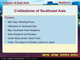 Cultures of East Asia

Section 4

Civilizations of Southeast Asia
Preview
•

Main Idea / Reading Focus

•

Influences on Southeast Asia

•

Map: Southeast Asian Kingdoms

•

Early Kingdoms and Empires

•

Visual Study Guide / Quick Facts

•

Video: The Impact of Chinese Culture on Japan

 