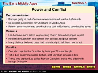 The Early Middle Ages

Section 5

Power and Conflict
Excommunication
• Bishops guilty of bad offenses excommunicated, cast out of church
• No greater punishment for Christians in Middle Ages
• Person excommunicated could not take part in Eucharist, could not be saved

Reforms
• Leo became more active in governing church than other popes in past
• Reforms brought him into conflict with political, religious leaders
• Many bishops believed pope had no authority to tell them how to act

Conflict
• One who rejected Leo’s authority, bishop of Constantinople
• 1054, Leo excommunicated bishop, split Christian Church in two
• Those who agreed Leo called Roman Catholics; those who sided with
bishop, Orthodox

 