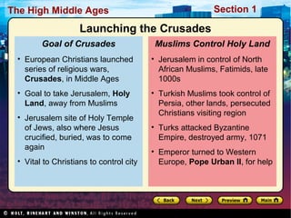 Section 1

The High Middle Ages

Launching the Crusades
Goal of Crusades

Muslims Control Holy Land

• European Christians launched
series of religious wars,
Crusades, in Middle Ages

• Jerusalem in control of North
African Muslims, Fatimids, late
1000s

• Goal to take Jerusalem, Holy
Land, away from Muslims

• Turkish Muslims took control of
Persia, other lands, persecuted
Christians visiting region

• Jerusalem site of Holy Temple
of Jews, also where Jesus
crucified, buried, was to come
again
• Vital to Christians to control city

• Turks attacked Byzantine
Empire, destroyed army, 1071
• Emperor turned to Western
Europe, Pope Urban II, for help

 