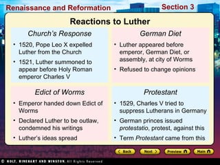 Section 3

Renaissance and Reformation

Reactions to Luther
Church’s Response
• 1520, Pope Leo X expelled
Luther from the Church
• 1521, Luther summoned to
appear before Holy Roman
emperor Charles V

German Diet
• Luther appeared before
emperor, German Diet, or
assembly, at city of Worms
• Refused to change opinions

Edict of Worms

Protestant

• Emperor handed down Edict of
Worms

• 1529, Charles V tried to
suppress Lutherans in Germany

• Declared Luther to be outlaw,
condemned his writings

• German princes issued
protestatio, protest, against this

• Luther’s ideas spread

• Term Protestant came from this

 