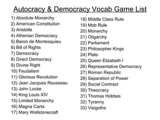 Autocracy & Democracy Vocab Game List
1) Absolute Monarchy        18) Middle Class Rule
2) American Constitution    19) Mo...