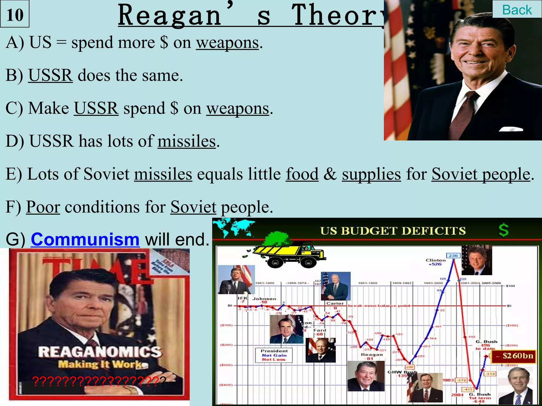 10             Reagan’s Theory                                        Back
                                                                      Back

A) US = spend more $ on weapons.
B) USSR does the same.
C) Make USSR spend $ on weapons.
D) USSR has lots of missiles.
E) Lots of Soviet missiles equals little food & supplies for Soviet people.
F) Poor conditions for Soviet people.
G) Communism will end.




   ??????????????????
 