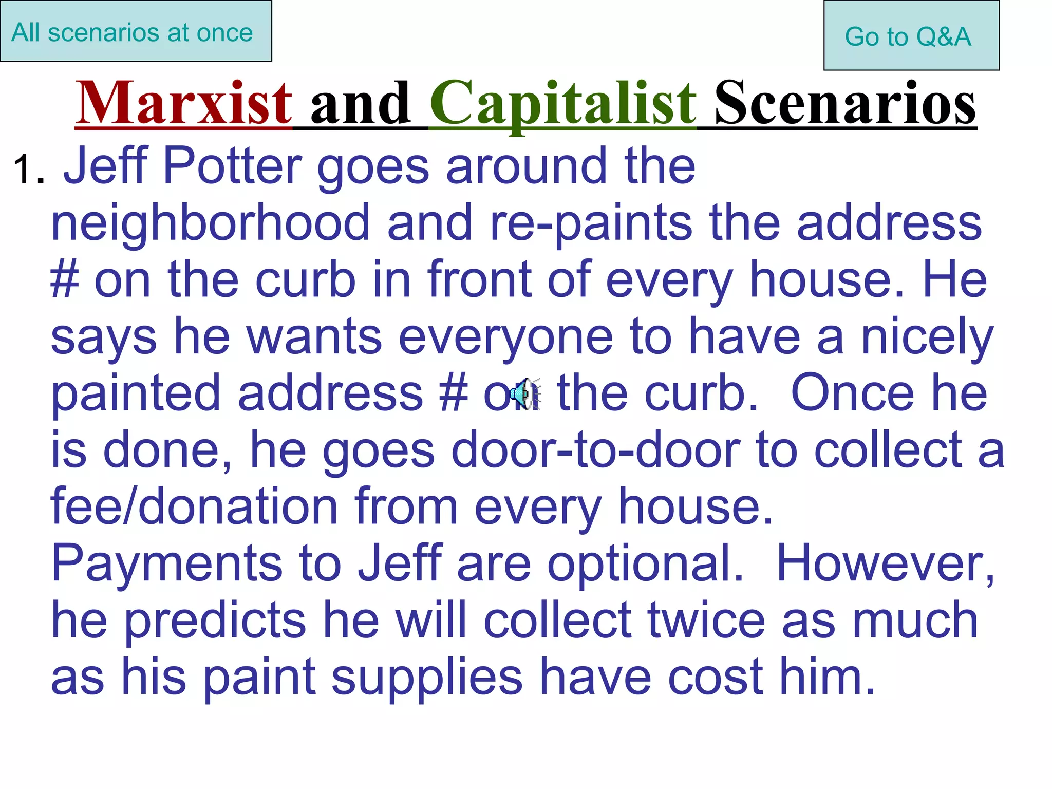 All scenarios at once                  Go to Q&A

      Marxist and Capitalist Scenarios
1.    Jeff Potter goes around the
     neighborhood and re-paints the address
     # on the curb in front of every house. He
     says he wants everyone to have a nicely
     painted address # on the curb. Once he
     is done, he goes door-to-door to collect a
     fee/donation from every house.
     Payments to Jeff are optional. However,
     he predicts he will collect twice as much
     as his paint supplies have cost him.
 