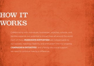 Collaborating with individuals, businesses, churches, schools, and
families expands our potential to impact lives all around the world.
Each of these PASSIONATESUPPORTERS are indispensable to
our success, injecting creativity and enthusiasm into our ongoing
CAMPAIGNS&INITIATIVES, and offering the crucial support
we need to continue making a difference.
 