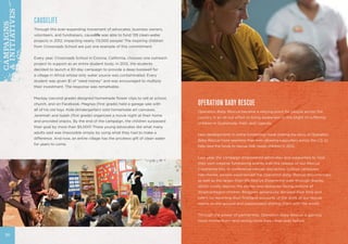 CAUSELIFE
Through this ever-expanding movement of advocates, business owners,	
volunteers, and fundraisers, causelife was able to fund 139 clean-water
projects in 2012, impacting nearly 113,000 people! The inspiring children
from Crossroads School are just one example of this commitment.
Every year, Crossroads School in Corona, California, chooses one outreach
project to support as an entire student body. In 2012, the students
decided to launch a 30-day campaign to provide a deep borewell for
a village in Africa whose only water source was contaminated. Every
student was given $1 of “seed money” and was encouraged to multiply
their investment. The response was remarkable. 				
Mackay (second grade) designed homemade flower clips to sell at school,
church, and on Facebook. Magnus (first grade) held a garage sale with
all of his old toys. Kole (kindergarten) sold homemade art canvases.
Jeremiah and Isaiah (first grade) organized a movie night at their home
and provided snacks. By the end of the campaign, the children surpassed
their goal by more than $5,000! These young advocates did what many
adults said was impossible simply by using what they had to make a
difference. And now, an entire village has the priceless gift of clean water
for years to come.
OPERATION BABY RESCUE
Operation Baby Rescue became a rallying point for people across the
country in an all-out effort to bring awareness to the plight of suffering
children in Guatemala, Haiti, and Uganda.
	
New developments in online fundraising made sharing the story of Operation
Baby Rescue more seamless than ever, allowing supporters across the U.S. to
help raise the funds to rescue 448 needy children in 2012.
	
Last year, the campaign empowered advocates and supporters to host
their own creative fundraising events with the release of our Rescue
Experience kits. In conference venues and across college campuses
nationwide, people experienced the Operation Baby Rescue documentary,
as well as the larger-than-life Rescue Experience walk-through display,
which vividly depicts the stories and obstacles facing millions of
disadvantaged children. Bloggers generously donated their time and
talent by reporting their firsthand accounts of the work of our rescue
teams on the ground and passionately sharing them with the world.
Through the power of partnership, Operation Baby Rescue is gaining
more momentum—and saving more lives—than ever before.
20
CAMPAIGNS
&INITIATIVES
 