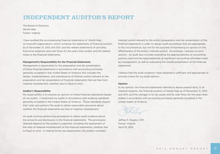 The Board of Directors
World Help
Forest, Virginia
I have audited the accompanying financial statements of World Help
(a nonprofit organization), which comprise the statements of financial position
as of December 31, 2012 and 2011, and the related statements of activities,
functional expenses and cash flows for the years then ended, and the related
notes to the financial statements.
Management’s Responsibility for the Financial Statements
Management is responsible for the preparation and fair presentation
of these financial statements in accordance with accounting principles
generally accepted in the United States of America; this includes the
design, implementation, and maintenance of internal control relevant to the
preparation and fair presentation of financial statements that are free from
material misstatement, whether due to fraud or error.
Auditor’s Responsibility
My responsibility is to express an opinion on these financial statements based
on my audits. I conducted my audits in accordance with auditing standards
generally accepted in the United States of America. Those standards require
that I plan and perform the audit to obtain reasonable assurance about
whether the financial statements are free of material misstatement.
An audit involves performing procedures to obtain audit evidence about
the amounts and disclosures in the financial statements. The procedures
selected depend on the auditor’s judgment, including the assessment of
the risks of material misstatement of the financial statements, whether due
to fraud or error. In making those risk assessments, the auditor considers
internal control relevant to the entity’s preparation and fair presentation of the
financial statements in order to design audit procedures that are appropriate
in the circumstances, but not for the purpose of expressing an opinion on the
effectiveness of the entity’s internal control. Accordingly, I express no such
opinion. An audit also includes evaluating the appropriateness of accounting
policies used and the reasonableness of significant accounting estimates made
by management, as well as evaluating the overall presentation of the financial
statements.
I believe that the audit evidence I have obtained is sufficient and appropriate to
provide a basis for my audit opinion.
Opinion
In my opinion, the financial statements referred to above present fairly, in all
material respects, the financial position of World Help as of December 31, 2012
and 2011, and the changes in its net assets and its cash flows for the years then
ended in accordance with accounting principles generally accepted in the
United States of America.
￼
Jeffrey R. Rogers, CPA
Forest, Virginia
April 10, 2013
INDEPENDENT AUDITOR’S REPORT
2 0 1 2 A N N U A L R E P O R T 31
 
