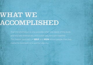 True transformation is only possible when the needs of the body
and soul are strategically and sustainably brought together.
This holistic approach of HELP and HOPE shows people that they
matter to God both now and for eternity.
 