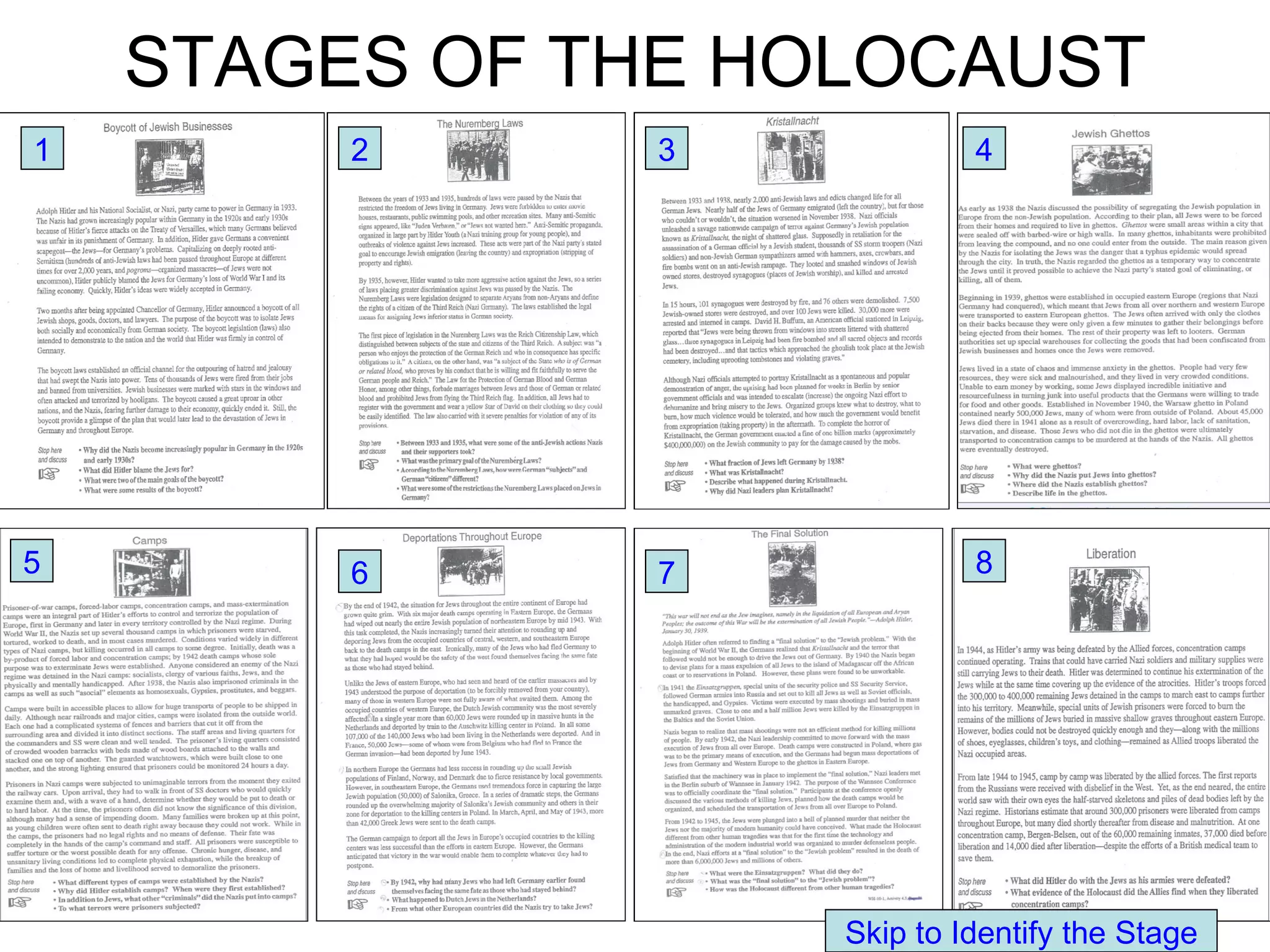 STAGES OF THE HOLOCAUST
1        2      3            4




5        6      7            8




                    Skip to Identify the Stage
 