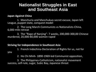 Nationalist Struggles in East
and Southeast Asia
Japan Against China
1. Manchuria and Manchukuo-secret excuse, Japan left
League, puppet state, conquest model
2. The Long March-Communists vs Nationalists-China,
6,000 mile retreat
3. The “Rape of Nanjing”- 7 weeks, 200,000-300,00 Chinese
murdered, 20,000-80,000 women raped
Striving for Independence in Southeast Asia
1. French Indochina-Declaration of Rights for us, not for
you
2. Ho Chi Minh- 1890-1969-led Communist opposition,
3. The Philippines-Catholicism, nationalist movement
success, self-rule, sugar, Subic Bay, Japanese threat
 
