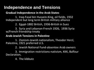 Independence and Tensions
Gradual Independence in the Arab States
1. Iraq-Fasal bin Hussein-King, oil fields, 1932
Independent but long term British military alliance
2. Egypt-1882 British, 1936-British in Suez
3. Syria and Lebanon-French 1926, 1936 Syria
w/French friendship treaty
Arab-Jewish Tensions in Palestine
1. Zionism-Jewish nationalism, Theodor Herzl,
Palestine, 1921 preferred U.S.
2. Jewish National Fund-absentee Arab owners
3. Immigration restrictions-nativism, KKK, Balfour
Declaration,
4. The kibbutz
 