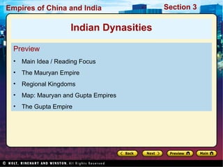 Empires of China and India

Indian Dynasities
Preview
•

Main Idea / Reading Focus

•

The Mauryan Empire

•

Regional Kingdoms

•

Map: Mauryan and Gupta Empires

•

The Gupta Empire

Section 3

 