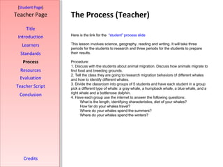 The Process (Teacher) [ Student Page ] Title Introduction Learners Standards Process Resources Credits Teacher Page Here is the link for the  “student” process slide This lesson involves science, geography, reading and writing. It will take three periods for the students to research and three periods for the students to prepare their results.  Procedure:  1. Discuss with the students about animal migration. Discuss how animals migrate to find food and breeding grounds.  2. Tell the class they are going to research migration behaviors of different whales and how to identify different whales.  3. Divide the classroom into groups of 5 students and have each student in a group pick a different type of whale: a gray whale, a humpback whale, a blue whale, and a right whale and a bottlenose dolphin.  4. Have each group use the internet to answer the following questions: What is the length, identifying characteristics, diet of your whales? How far do your whales travel? Where do your whales spend the summers? Where do your whales spend the winters? Evaluation Teacher Script Conclusion 
