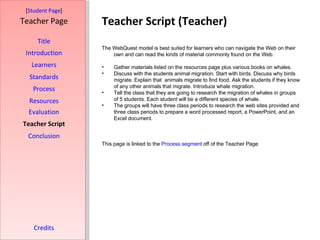 Teacher Script (Teacher) [ Student Page ] Title Introduction Learners Standards Process Resources Credits Teacher Page The WebQuest model is best suited for learners who can navigate the Web on their own and can read the kinds of material commonly found on the Web.  Gather materials listed on the resources page plus various books on whales. Discuss with the students animal migration. Start with birds. Discuss why birds migrate. Explain that  animals migrate to find food. Ask the students if they know of any other animals that migrate. Introduce whale migration.  Tell the class that they are going to research the migration of whales in groups of 5 students. Each student will be a different species of whale.  The groups will have three class periods to research the web sites provided and three class periods to prepare a word processed report, a PowerPoint, and an Excel document.  This page is linked to the  Process segment  off of the Teacher Page Evaluation Teacher Script Conclusion 