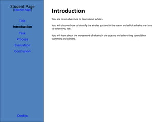 Introduction Student Page Title Introduction Task Process Evaluation Conclusion Credits [ Teacher Page ] You are on an adventure to learn about whales.  You will discover how to identify the whales you see in the ocean and which whales are close to where you live. You will learn about the movement of whales in the oceans and where they spend their summers and winters.  
