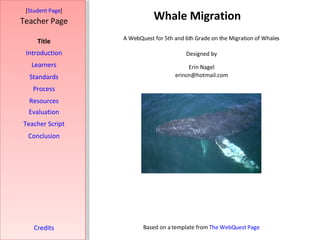 Whale Migration [ Student Page ] Title Introduction Learners Standards Process Resources Credits Teacher Page A WebQuest for 5th and 6th Grade on the Migration of Whales Designed by Erin Nagel [email_address] Based on a template from  The  WebQuest  Page Evaluation Teacher Script Conclusion 