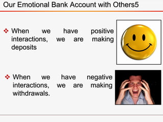 Our Emotional Bank Account with Others5
 When we have positive
interactions, we are making
deposits
 When we have negative
interactions, we are making
withdrawals.
 
