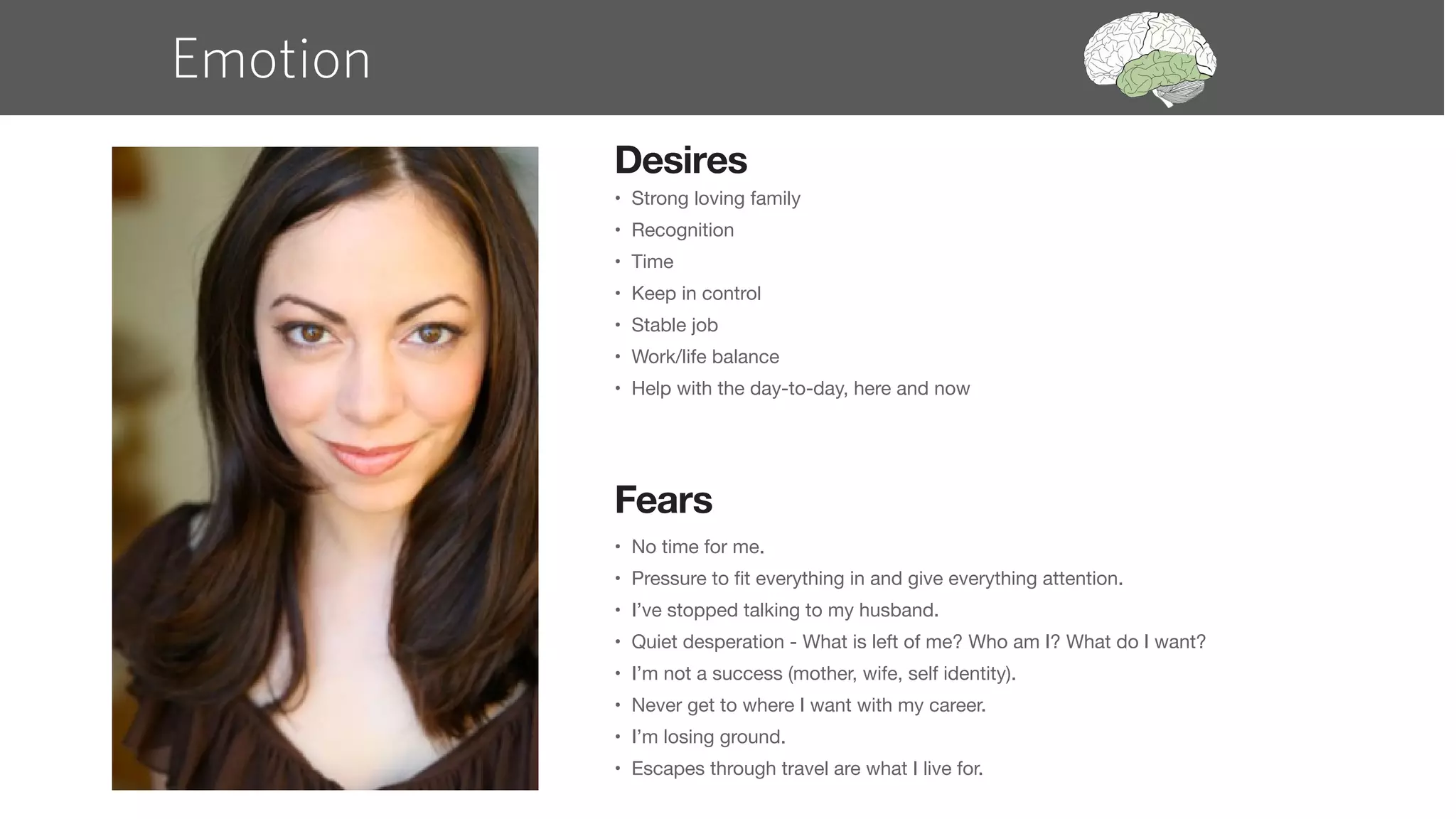 Emotion
Desires
•	 Strong	loving	family
•	 Recognition
•	 Time
•	 Keep	in	control
•	 Stable	job
•	 Work/life	balance
•	 Help	with	the	day-to-day,	here	and	now
Fears
•	 No	time	for	me.
•	 Pressure	to	fit	everything	in	and	give	everything	attention.
•	 I’ve	stopped	talking	to	my	husband.
•	 Quiet	desperation	-	What	is	left	of	me?	Who	am	I?	What	do	I	want?
•	 I’m	not	a	success	(mother,	wife,	self	identity).
•	 Never	get	to	where	I	want	with	my	career.
•	 I’m	losing	ground.
•	 Escapes	through	travel	are	what	I	live	for.
 