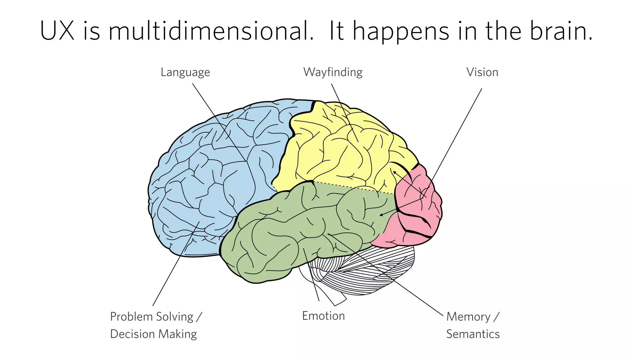 UX is multidimensional. It happens in the brain.
VisionLanguage
Memory /
Semantics
Emotion
Wayfinding
Problem Solving /
Decision Making
 