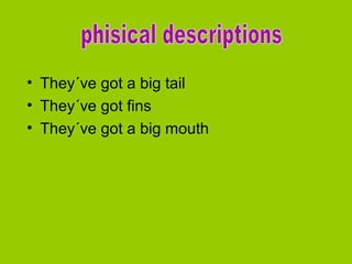 • They´ve got a big tail
• They´ve got fins
• They´ve got a big mouth

 