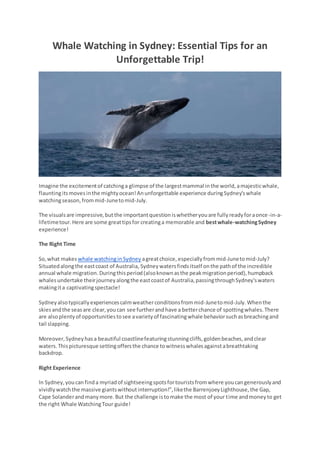 Whale Watching in Sydney: Essential Tips for an
Unforgettable Trip!
Imagine the excitementof catchinga glimpse of the largestmammal inthe world,amajesticwhale,
flauntingitsmovesinthe mightyocean!Anunforgettable experience duringSydney'swhale
watchingseason,frommid-Junetomid-July.
The visualsare impressive,butthe importantquestioniswhetheryouare fullyreadyforaonce-in-a-
lifetimetour.Here are some greattipsfor creatinga memorable and bestwhale-watchingSydney
experience!
The Right Time
So,what makes whale watchinginSydney agreatchoice,especiallyfrommid-Junetomid-July?
Situatedalongthe eastcoast of Australia, Sydneywatersfindsitself onthe pathof the incredible
annual whale migration. Duringthisperiod(alsoknownasthe peakmigrationperiod),humpback
whalesundertake theirjourneyalongthe eastcoastof Australia,passingthroughSydney'swaters
makingita captivatingspectacle!
Sydneyalsotypicallyexperiencescalmweatherconditionsfrommid-Junetomid-July.Whenthe
skiesandthe seasare clear,youcan see furtherandhave a betterchance of spottingwhales.There
are alsoplentyof opportunitiestosee avarietyof fascinatingwhale behaviorsuchasbreachingand
tail slapping.
Moreover,Sydneyhasa beautiful coastlinefeaturingstunningcliffs,goldenbeaches,andclear
waters.Thispicturesque settingoffersthe chance towitnesswhalesagainstabreathtaking
backdrop.
Right Experience
In Sydney,youcan finda myriadof sightseeingspotsfortouristsfromwhere youcangenerouslyand
vividlywatchthe massive giantswithoutinterruption!",likethe BarrenjoeyLighthouse,the Gap,
Cape Solanderandmanymore.But the challenge istomake the most of your time andmoneyto get
the right Whale WatchingTour guide!
 