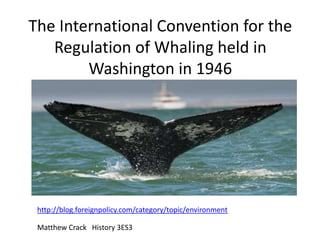 The International Convention for the
Regulation of Whaling held in
Washington in 1946
http://blog.foreignpolicy.com/category/topic/environment
Matthew Crack History 3ES3
 