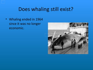 Does whaling still exist?  Whaling ended in 1964 since it was no longer economic. 